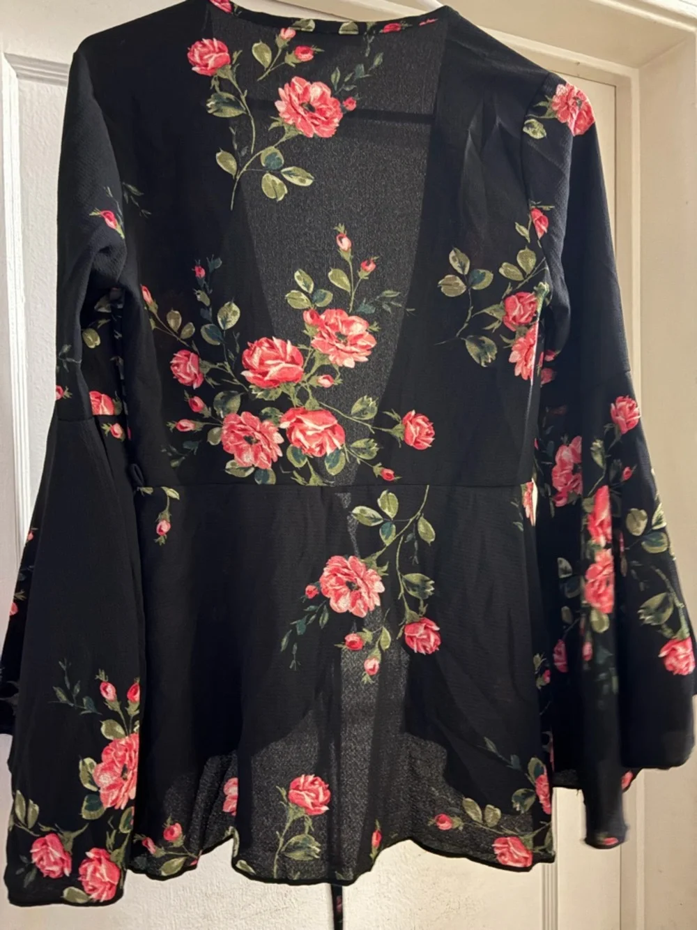 Floral Tie-Front Blouse - Black with Pink Roses - Picture 2 of 2